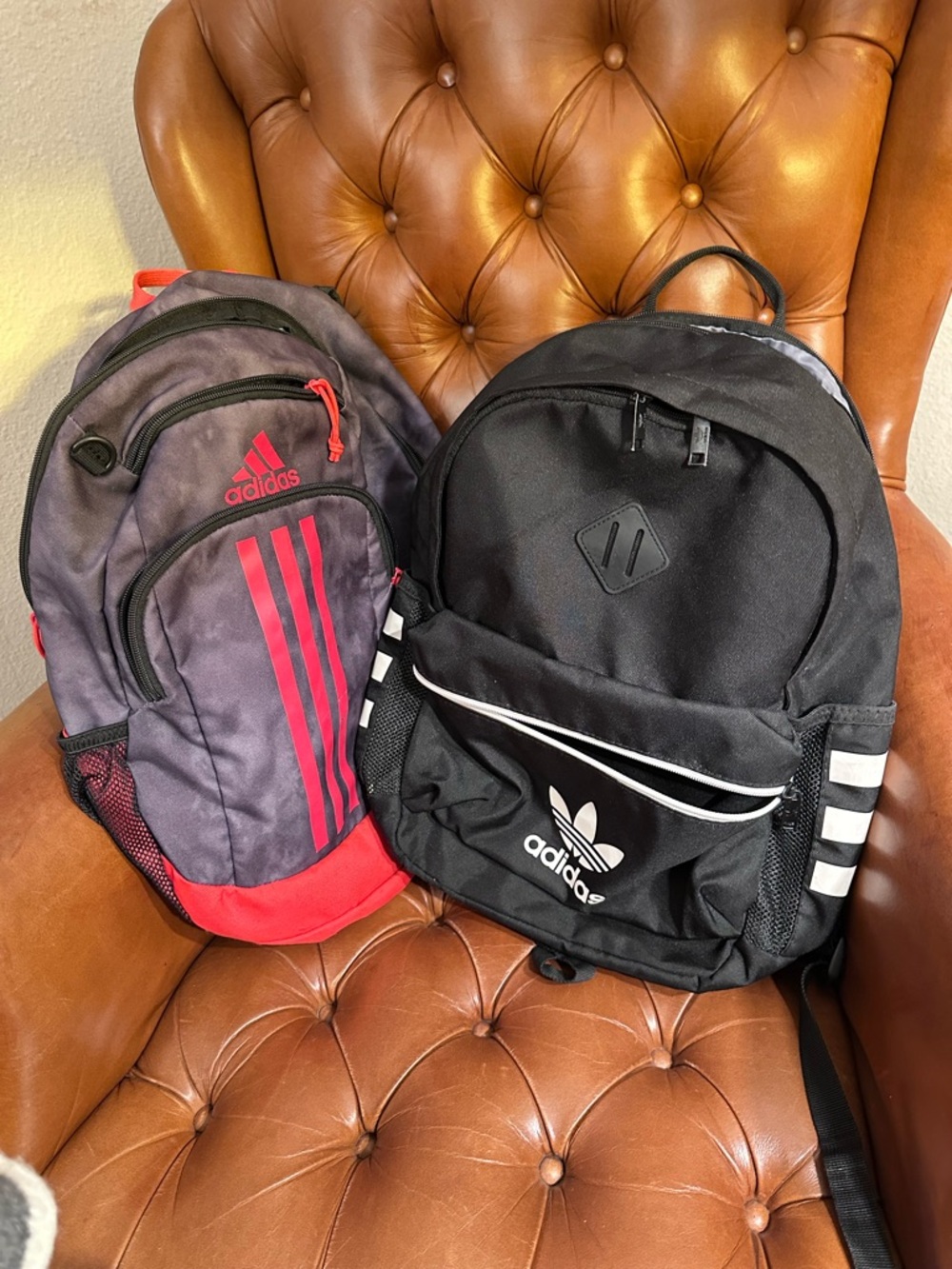 Adidas Unisex Black/White, Gray/Red, 3 Stripe Base Backpack, a bundle of two